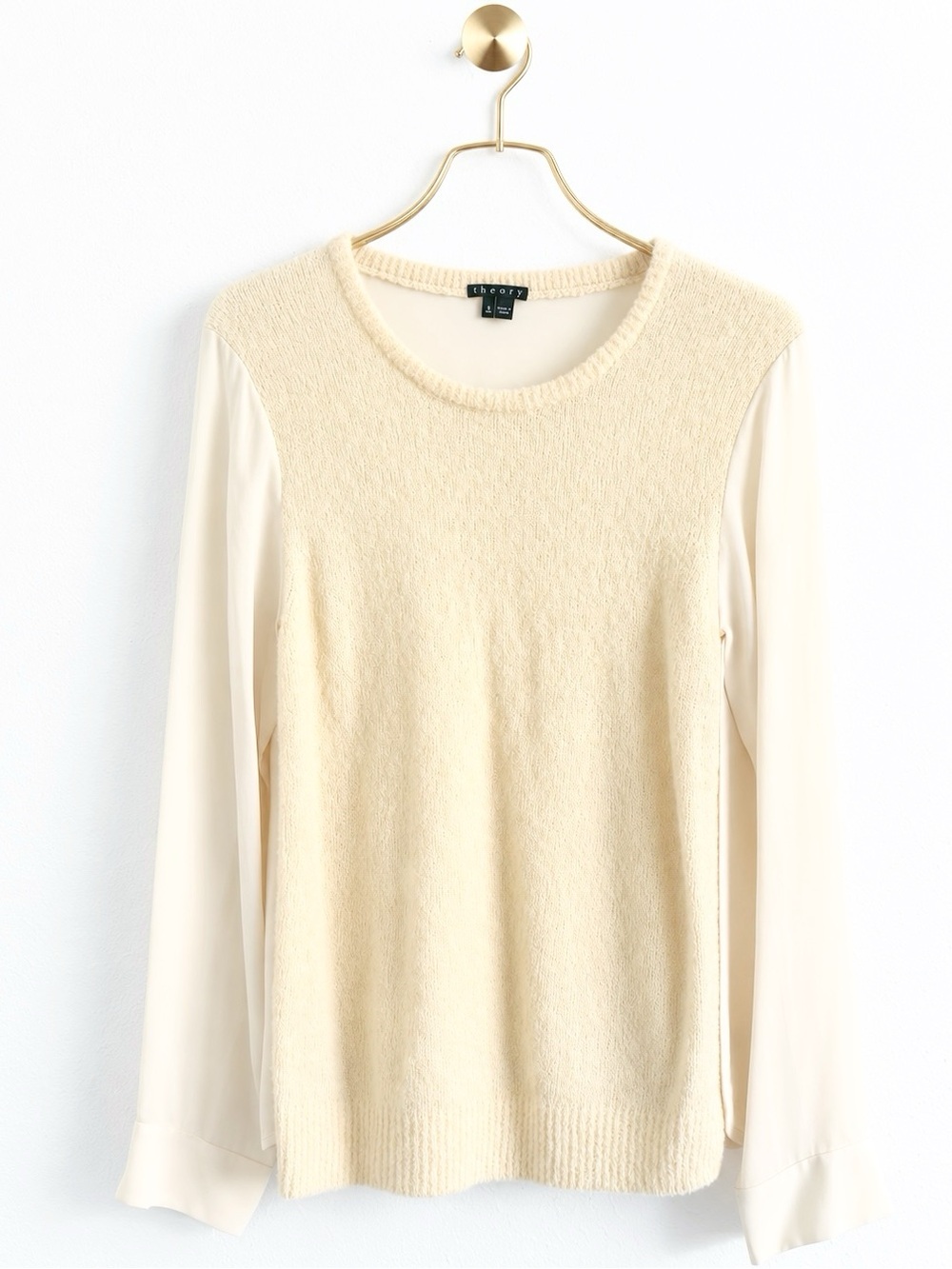 THEORY WOOL SILK ROLLEENA CURLIQUE IVORY WOOL SILK SWEATER SZ L
